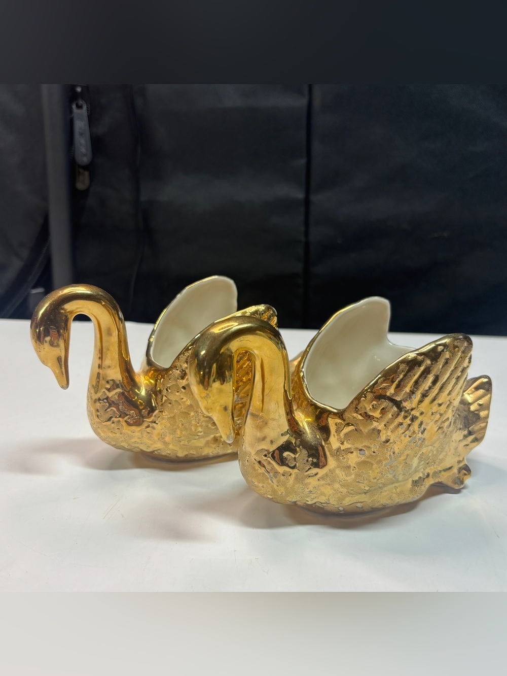 Gold Swan Planter Elynor China MCM 22 K Textured Ceramic 6”Vase Candy Dish pair